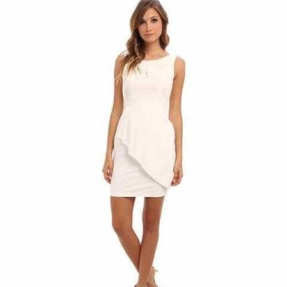 BCBGMaxAzria Siri Off White Tiered Ruffled Draped Sheath Jersey Dress